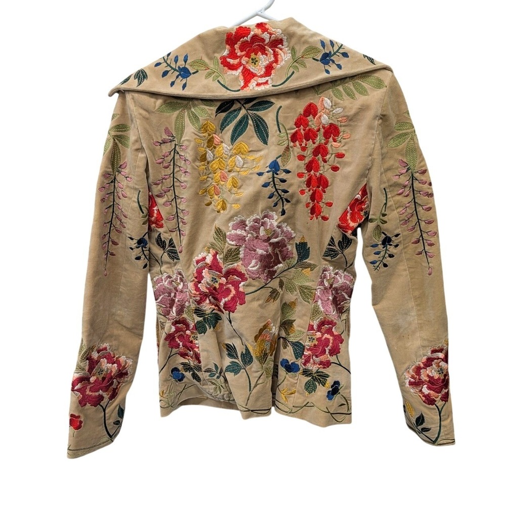 Vintage Biya Johnny Was Tan Velvet Floral Embroidered Snap Front Jacket Boho- XS - Picture 2 of 11